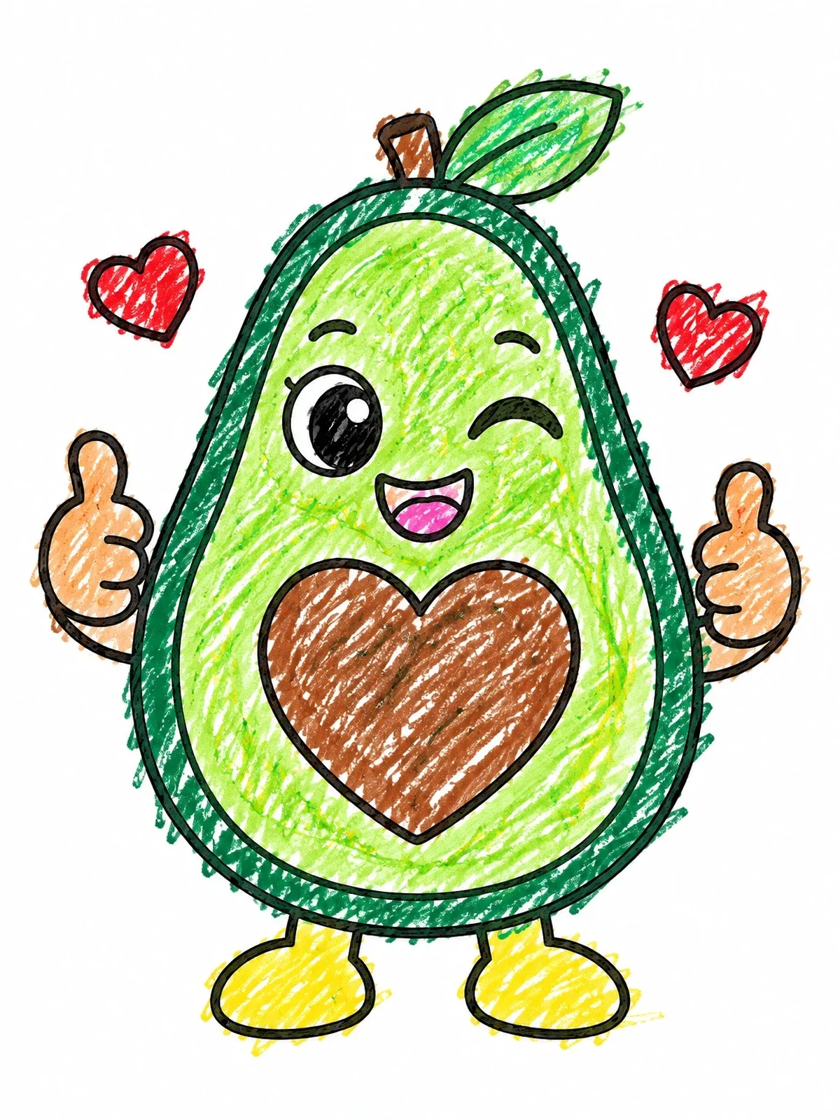 Colored example of the Winking Cartoon Avocado With Hearts coloring page