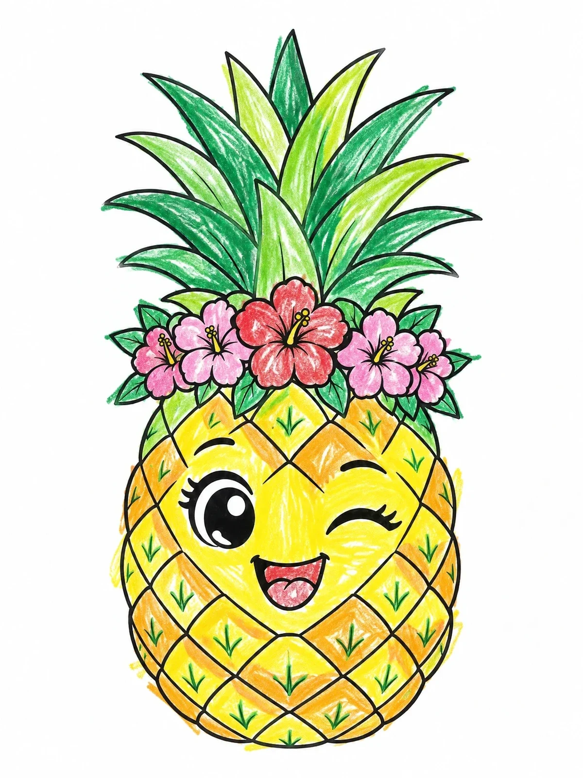 Colored example of the Winking Pineapple With Flower Crown coloring page