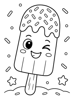 A winking popsicle coloring page with sprinkles and frosting.