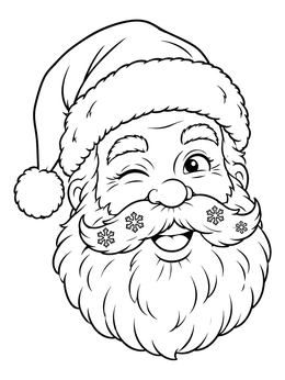 A cheerful santa claus coloring page featuring a winking face and snowflakes on his mustache.