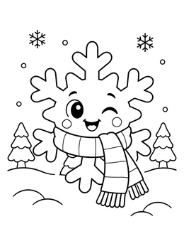 A cheerful snowflake coloring page featuring a winking character in a warm scarf.