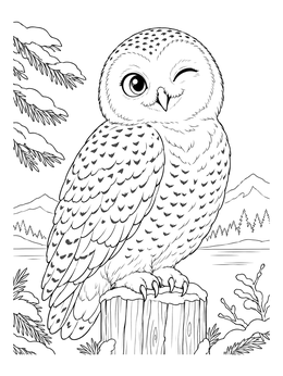 A cheerful winking bird perches on a snowy stump in this detailed snowy owl coloring page.