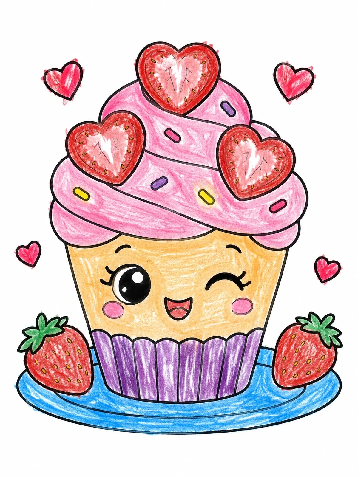 Colored example of the Winking Valentine Strawberry Cupcake coloring page