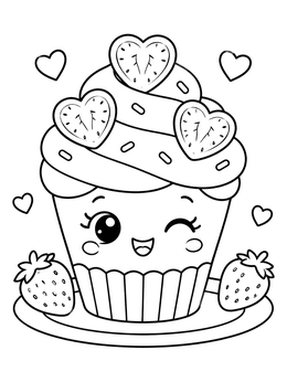 Free printable Winking Valentine Strawberry Cupcake coloring page