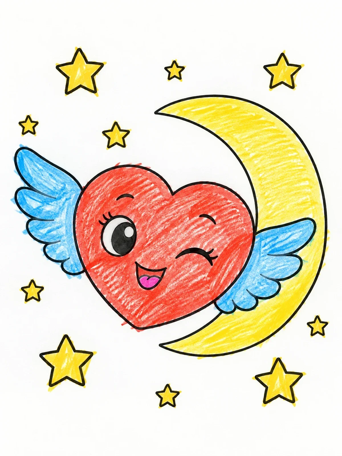 Colored example of the Winking Winged Heart By Crescent Moon coloring page