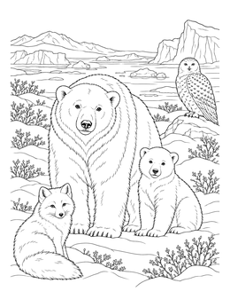 A detailed winter animals coloring page featuring polar bears, an arctic fox, and a snowy owl in the tundra.