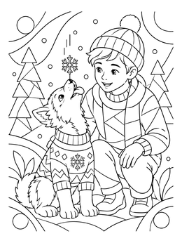 A boy smiles as a puppy catches a flake in this winter animals coloring page.