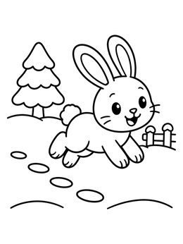A cheerful bunny hops through snow in this winter animals coloring page.