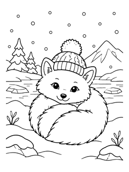 A winter animals coloring page featuring a fluffy arctic fox curled up in the snow wearing a warm beanie.