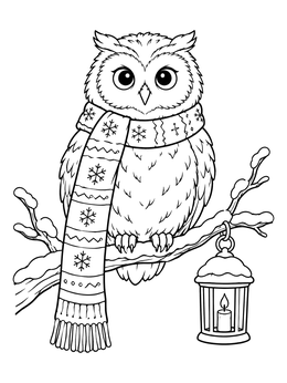A fluffy owl wearing a long scarf on this winter animals coloring page.