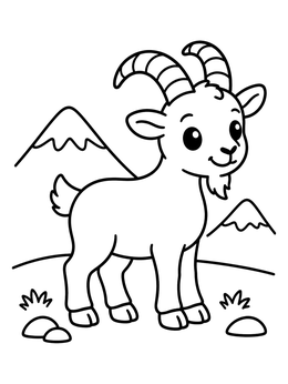 A winter animals coloring page featuring a cheerful mountain goat standing before snowy peaks.