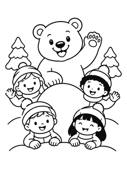 A friendly bear and happy kids in this winter animals coloring page.