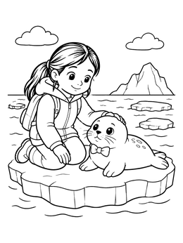 A girl petting a baby seal with a bow tie on this winter animals coloring page.
