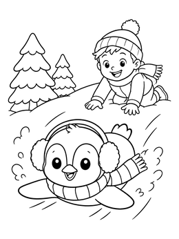 Free printable Penguin And Boy Sliding In Snow coloring page