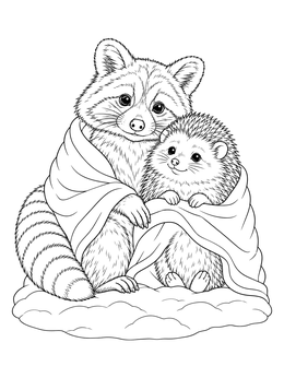 A cozy winter animals coloring page featuring a raccoon and hedgehog snuggled together under a blanket.