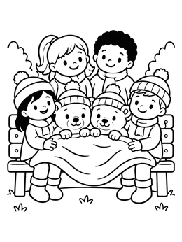 Kids and cute cubs share a blanket in this winter bear coloring page.