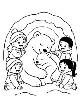 A cozy winter bear coloring page with kids around a mother polar bear and cub.