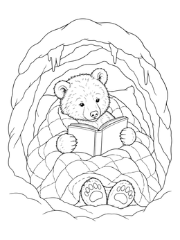 A sweet winter bear coloring page shows a cub reading under a quilt in a den.