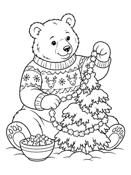 A winter bear coloring page shows a friendly bear in a reindeer sweater decorating a small snowy tree.