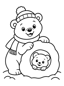 A cute winter bear coloring page with two cubs playing near a snow cave.