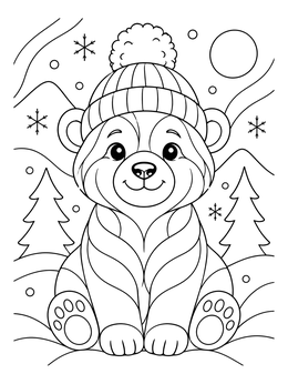 A sweet winter bear coloring page showing a smiling cub wearing a pom-pom beanie in the snow.