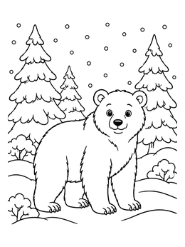 Free printable Cute Bear In Snowy Pine Forest coloring page