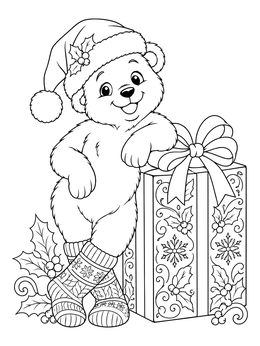 A festive winter bear coloring page featuring a cute bear in socks resting on a wrapped gift.