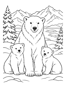 A mother polar bear sits with her two cubs in this winter bear coloring page.