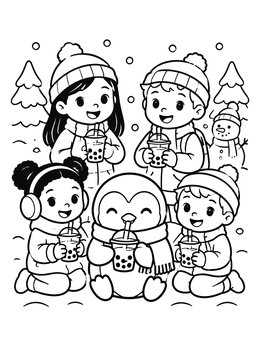 Kids and a cute penguin drink bubble tea outdoors on this cheerful boba coloring page.