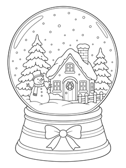 A festive snow globe ornament coloring page with a winter cottage and snowman.