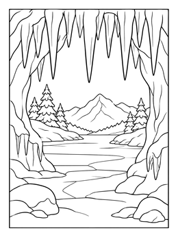 An icicle coloring page showing sharp frozen icicles framing a view of mountains and pine trees.