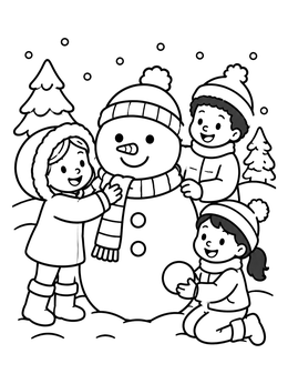 Free printable Children Decorating A Friendly Snowman coloring page