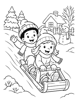 Children Sledding Down Snowy Hill coloring page