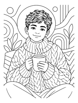 A smiling boy in a warm sweater drinks cocoa in this winter clothing coloring page.