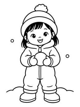 Toddler in a warm winter clothing coloring page holding a snowball outside.