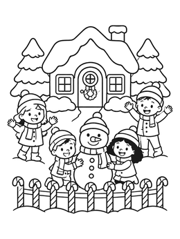 Happy children build a snowman in this candy cane coloring page with a winter cottage.