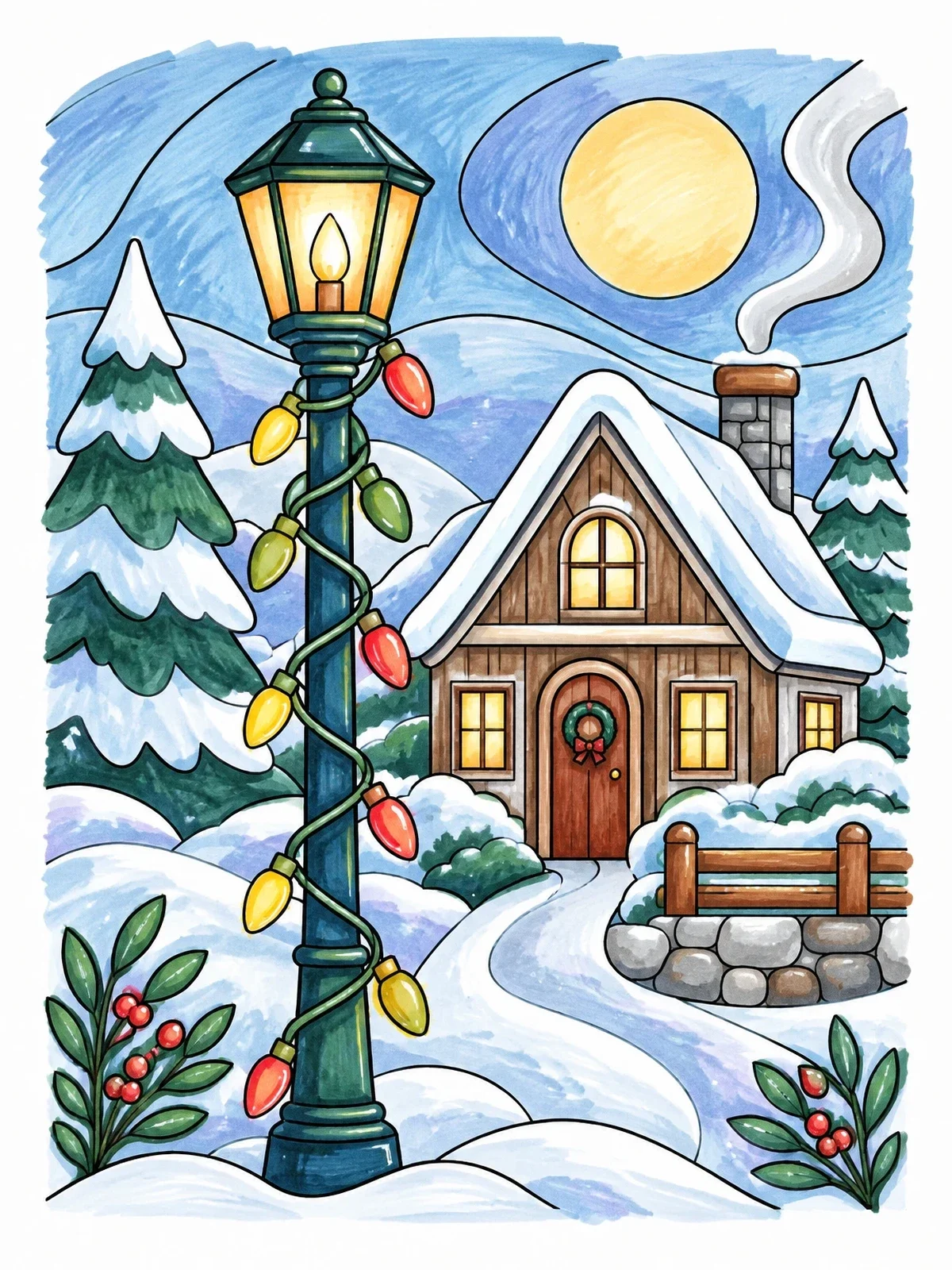 Colored example of the Cozy Winter Cottage With Lamppost coloring page