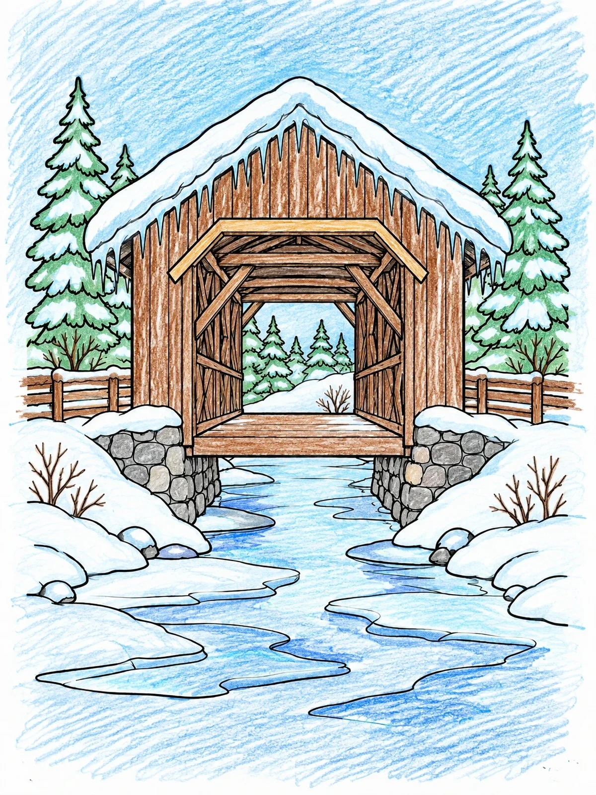 Colored example of the Winter Covered Bridge Over Frozen Stream coloring page