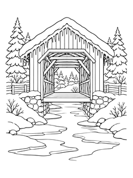 Snow-covered bridge coloring page crossing over an icy stream bordered by evergreen pine trees.