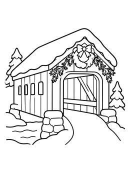 Free printable Winter Covered Bridge With Wreath coloring page