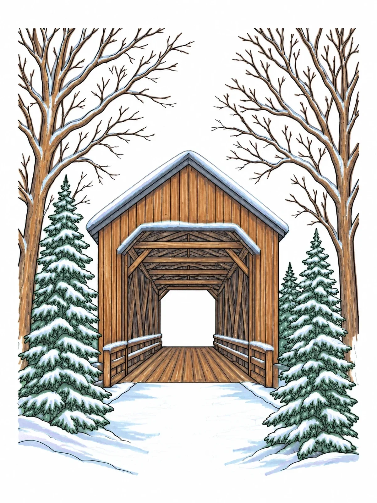 Colored example of the Winter Covered Bridge In The Woods coloring page