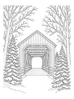 A scenic covered bridge coloring page framed by bare winter trees and snowy pines.