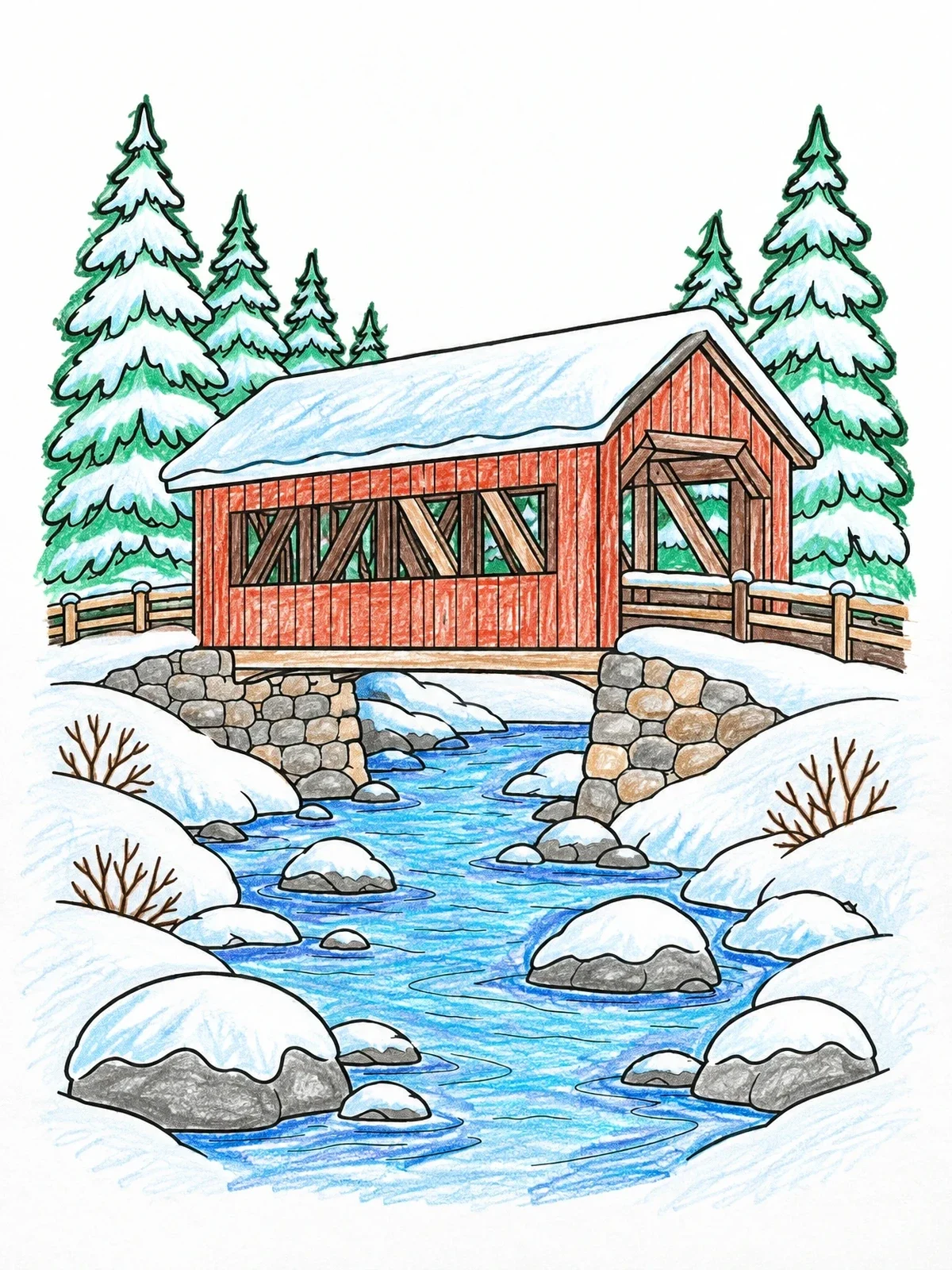 Colored example of the Winter Covered Bridge Over Stream coloring page