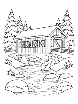 Free printable Winter Covered Bridge Over Stream coloring page