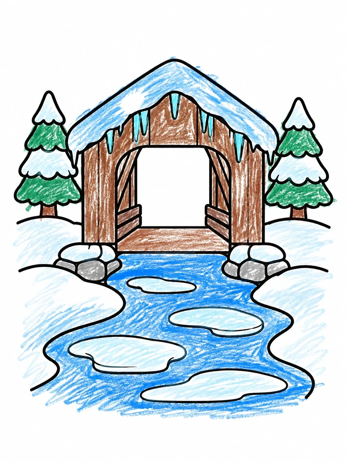 Colored example of the Winter Covered Bridge With Icicles coloring page