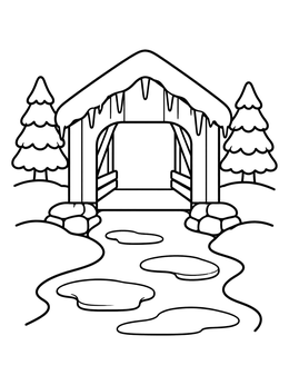 Free printable Winter Covered Bridge With Icicles coloring page