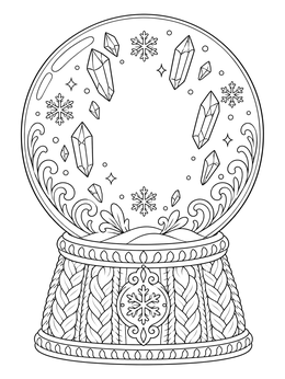 A detailed snowglobe coloring page with floating crystal shards, snowflakes, and a braided knit base.