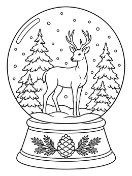 A deer surrounded by pine trees inside a detailed snowglobe coloring page.