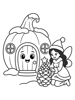 A cute winter fairy decorating a pinecone outside her home on this fairy coloring page.