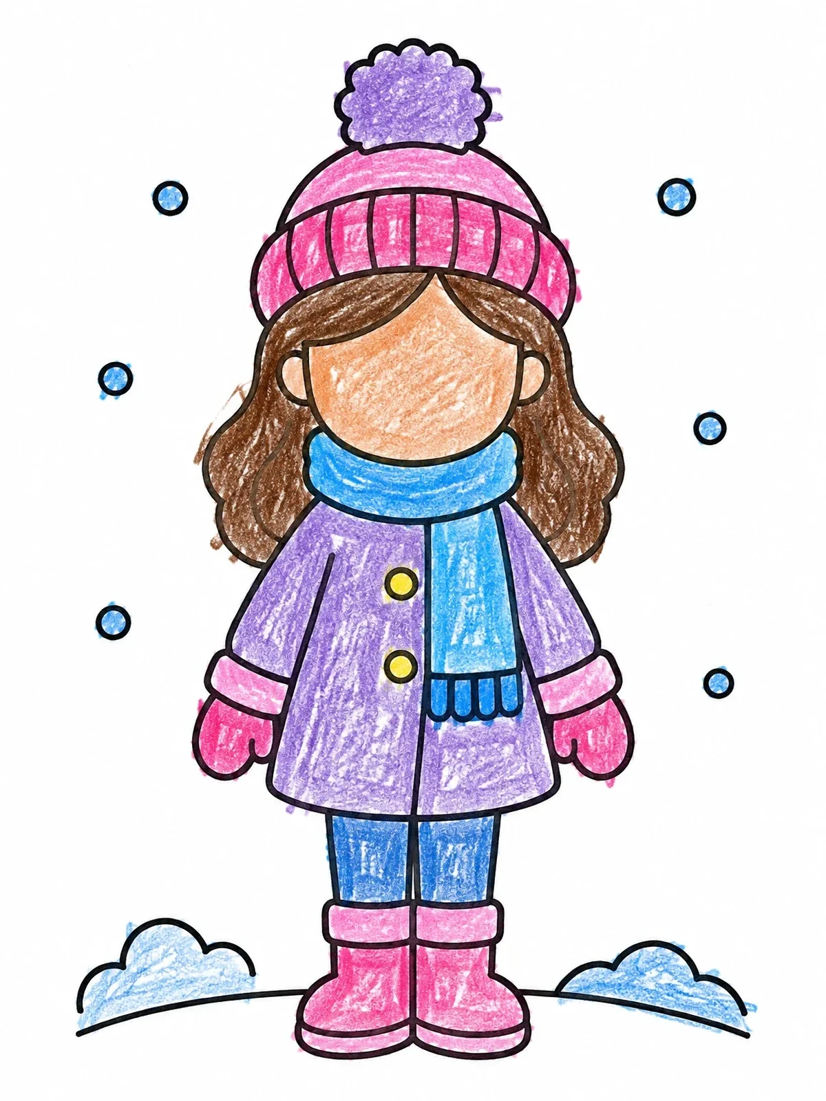 Colored example of the Winter Girl Blank Face Template coloring page